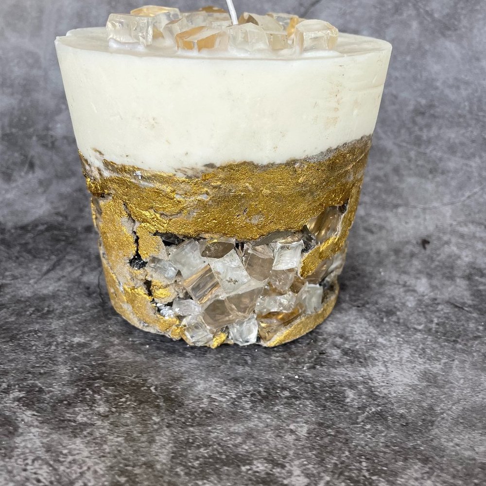 Cement Soy and Olive Oil Candle with 14K Gold Inlay and Fire Glass